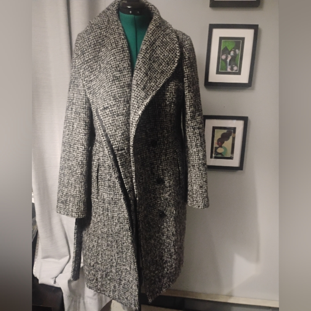 Cole Haan Asymmetrical Shawl Collar Wool Coat in Black and White Sz 14 - Picture 12 of 16